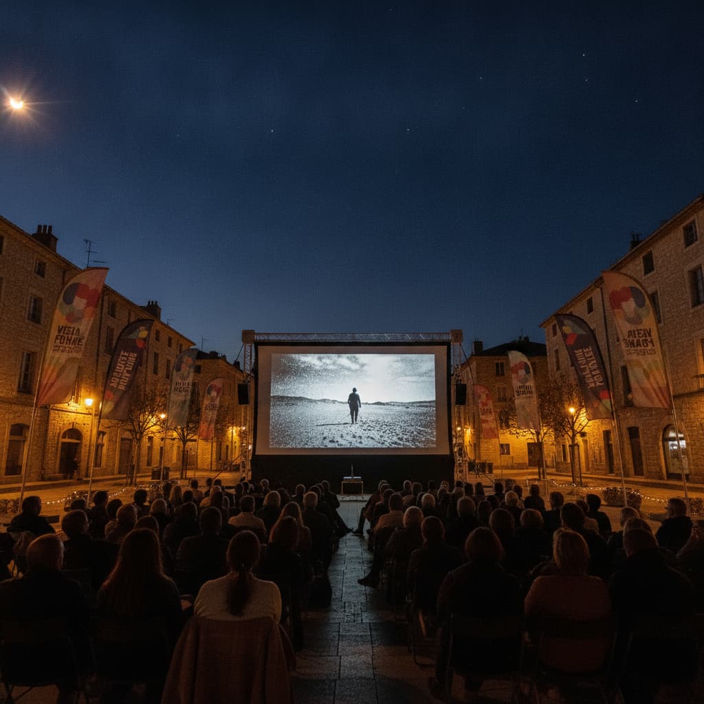 Une projection de photojournalisme en plein air à Perpignan réunit un public assis dont les silhouettes se découpent devant un écran géant et des drapeaux de festival sous un ciel nocturne bleu foncé.