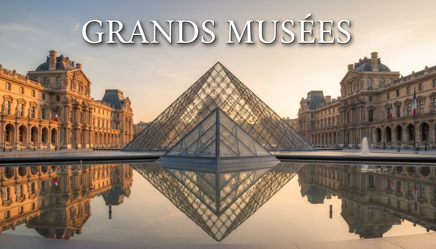Au lever du soleil, la pyramide du Louvre se reflète dans l'eau, sans foule, avec le texte 'GRANDS MUSÉES' superposé.