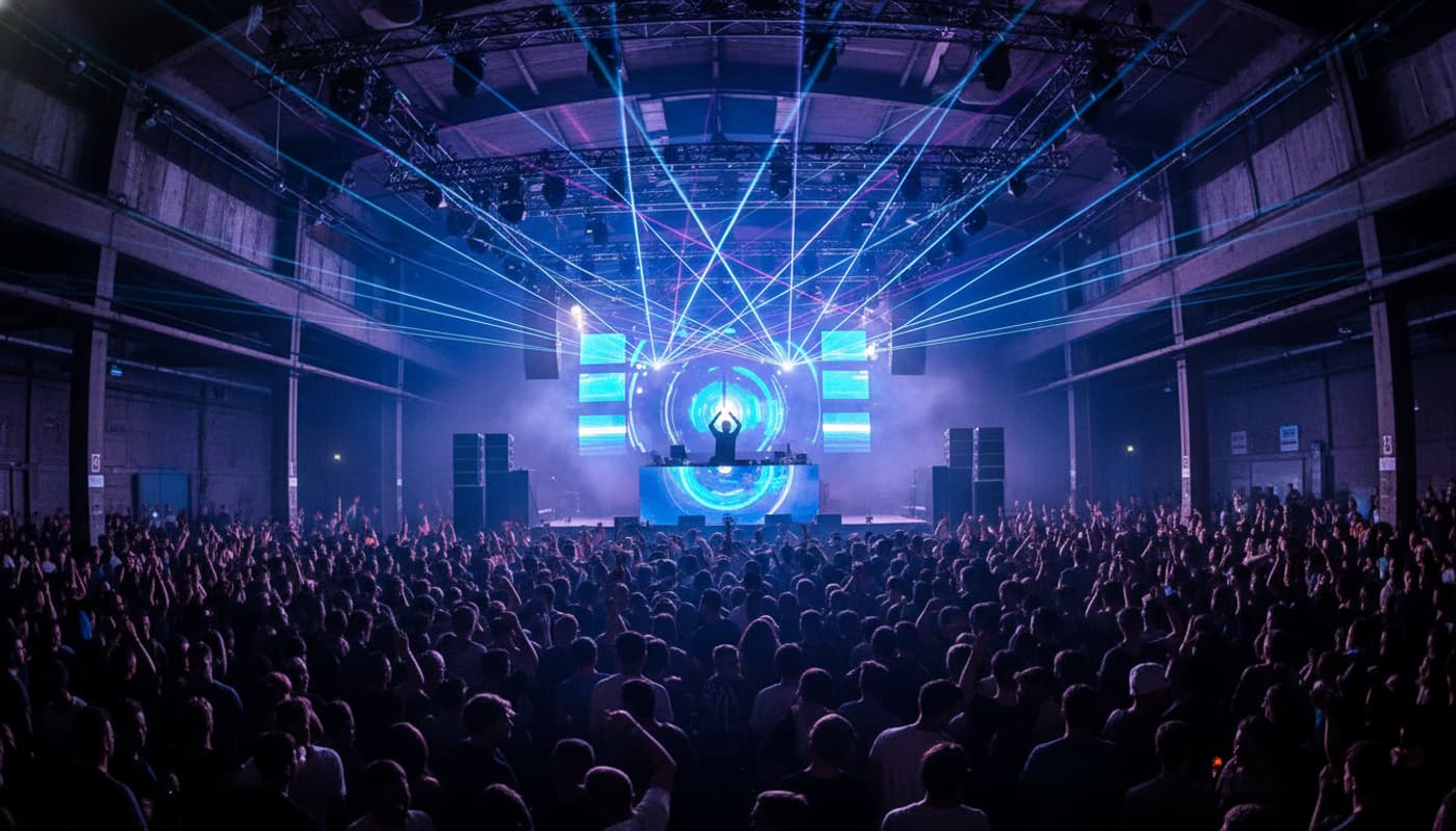 Une foule immense danse sous un ciel de lasers violets et bleus lors d'un rave indoor à Montpellier, avec la silhouette d'un DJ sur une scène surélevée.