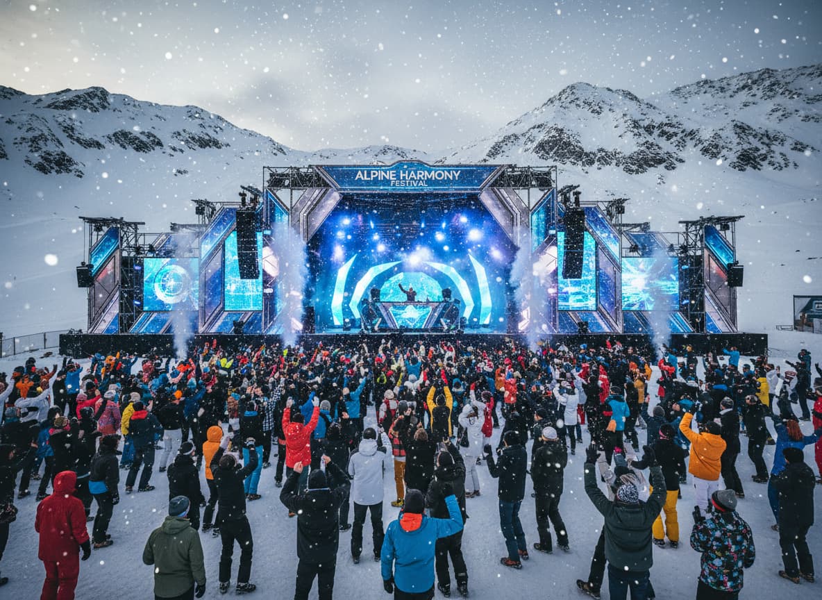 Une scène de festival de musique électronique avec un DJ installé sur une plateforme lumineuse devant un public habillé en tenue d'hiver, sous la neige tombant sur les sommets enneigés de l'Alpe d'Huez.