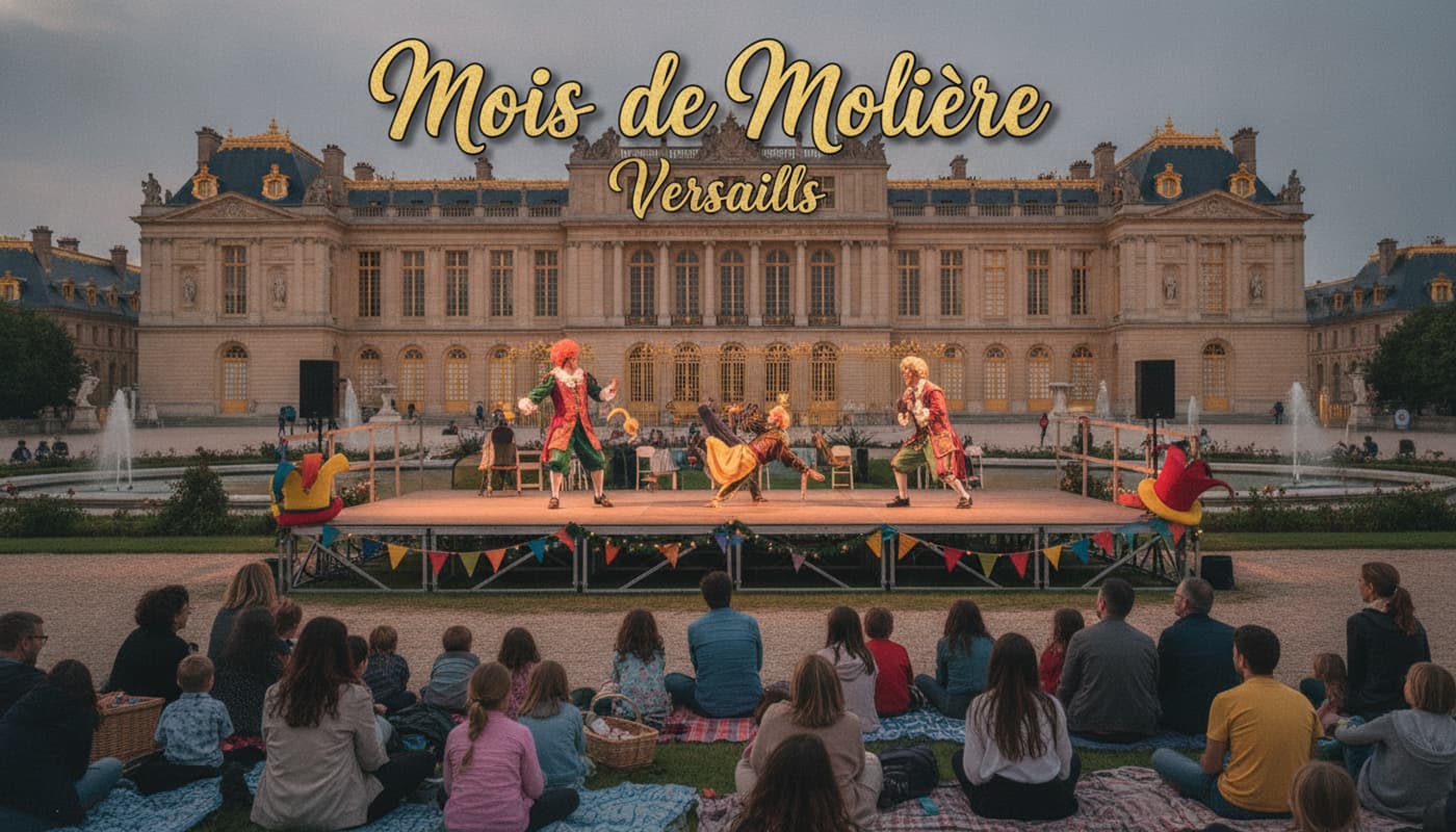Une scène de théâtre extérieure avec un spectacle comique familial devant le Château de Versailles, surmontée du texte 'Mois de Molière Versailles'.