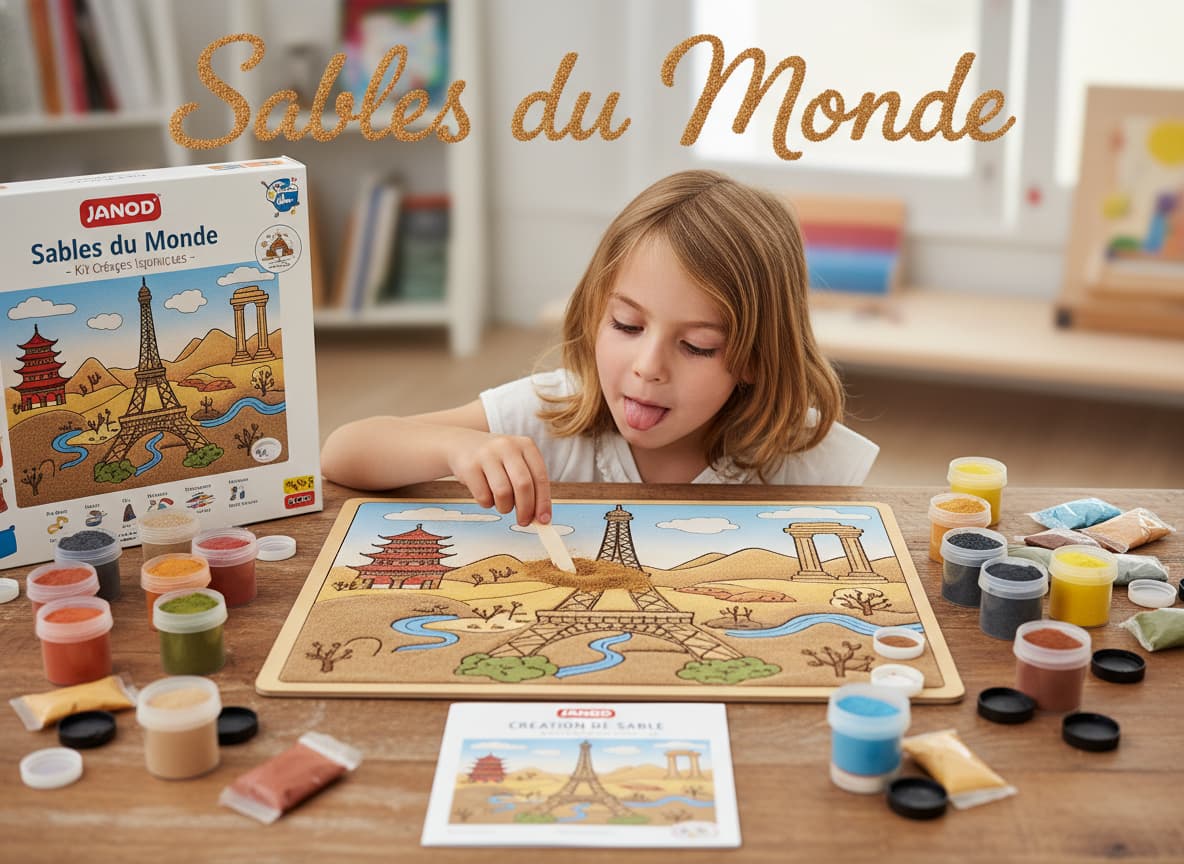 Un enfant étale du sable avec un outil devant un paysage coloré représentant une pagode et une tour Eiffel, avec des tons terreux et divers.