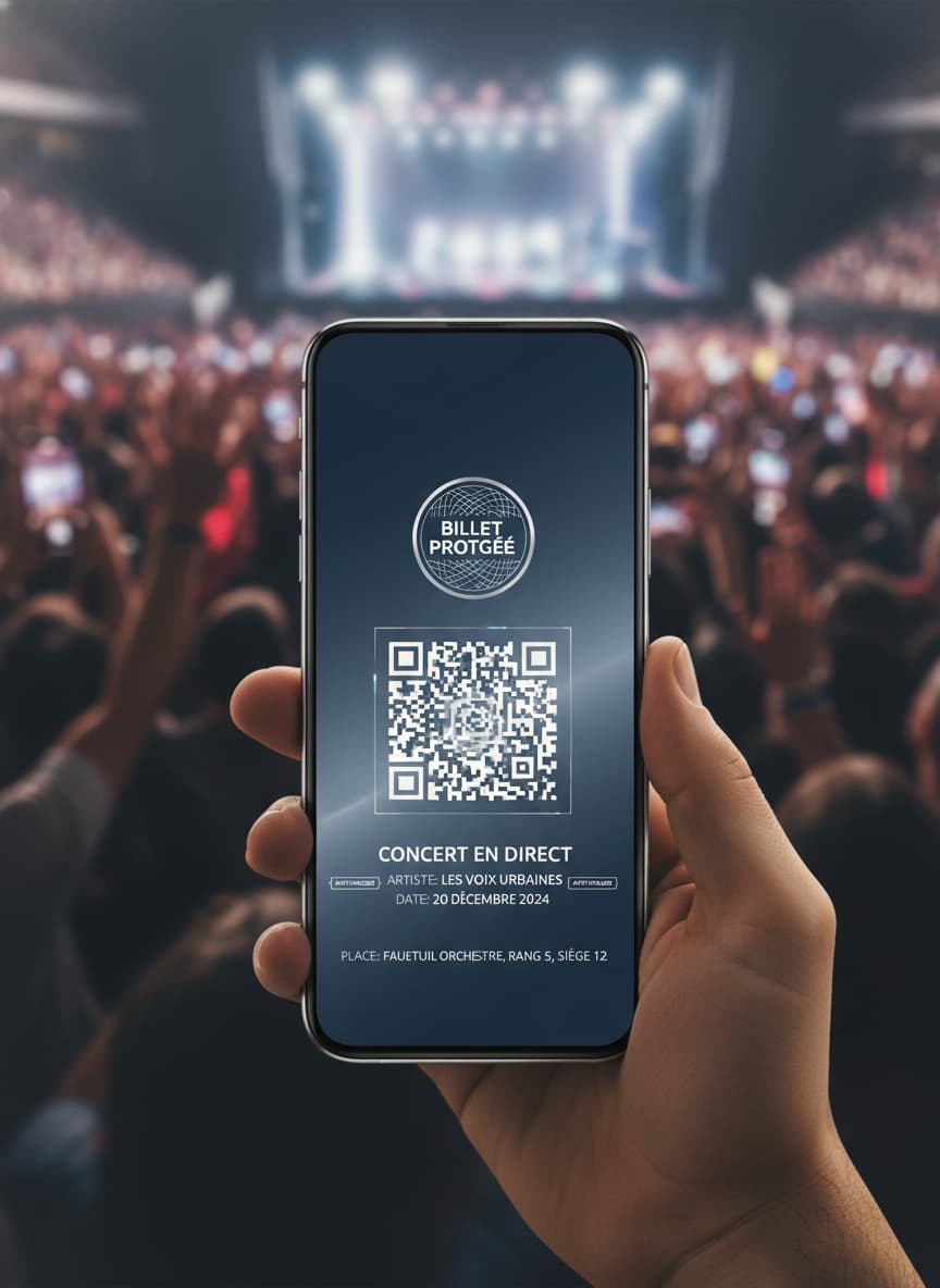 Un smartphone affiche un billet numérique avec un code QR et les mentions 'Billet Protégé' et 'Anti-Fraude', la scène de concert floue en arrière-plan.