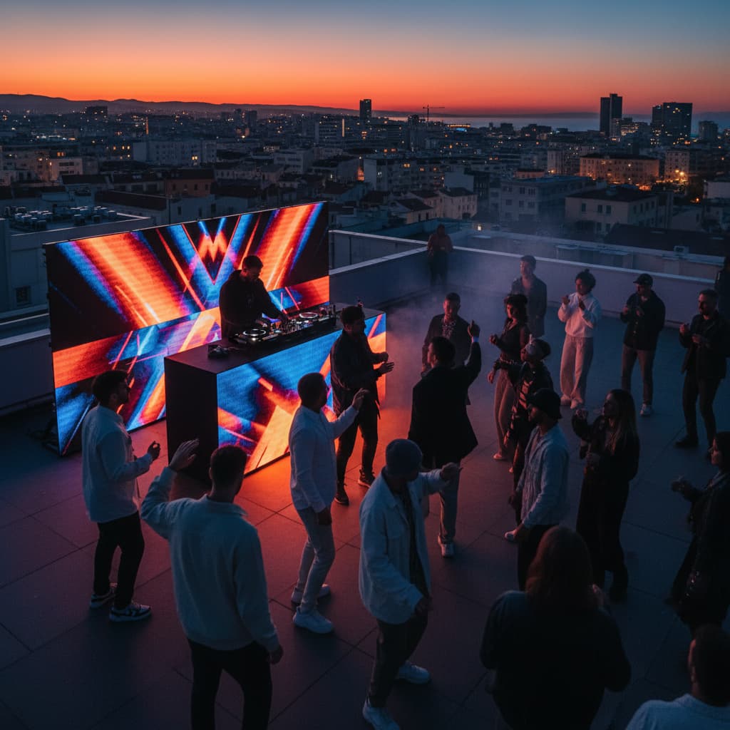 Un DJ joue de la house music sur une scène minimaliste lors d'une soirée électro sur le toit de la Friche la Belle de Mai à Marseille, avec la skyline urbaine au crépuscule et un éclairage contrasté bleu et orange.