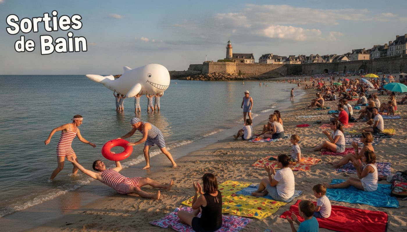 Des comédiens en maillots de bain rétro sur la plage de Granville simulent un sauvetage avec une baleine gonflable géante tandis que des familles applaudissent, avec la mer et les remparts en arrière-plan.