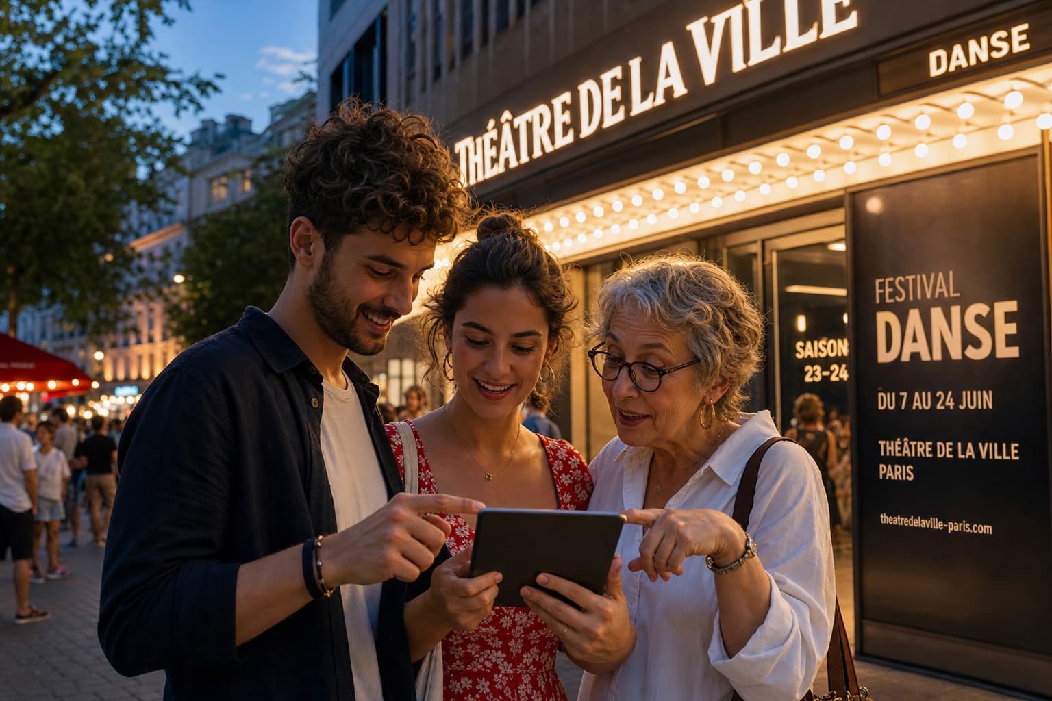 Un groupe de spectateurs diversifié consulte une tablette numérique devant les enseignes lumineuses d