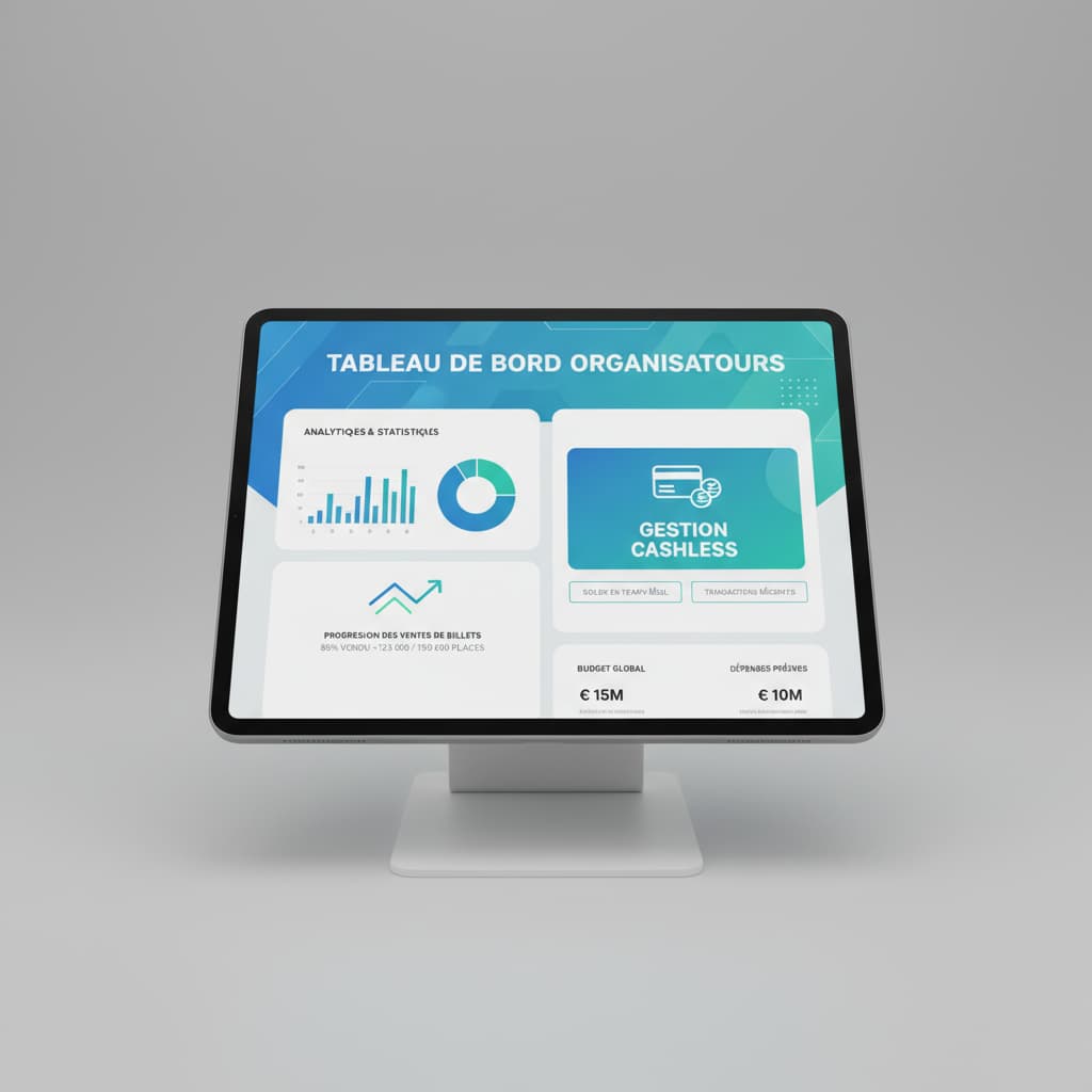 Tablette tactile posée sur fond clair affichant un tableau de bord de gestion de festival avec des graphiques d'analyses et une section intitulée 'Gestion Cashless'.