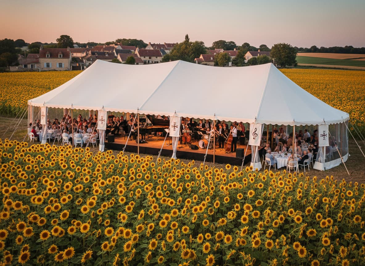 Une grande tente blanche de festival dressée au milieu des champs de tournesols, avec un orchestre de jazz sur scène et un petit village français en arrière-plan.