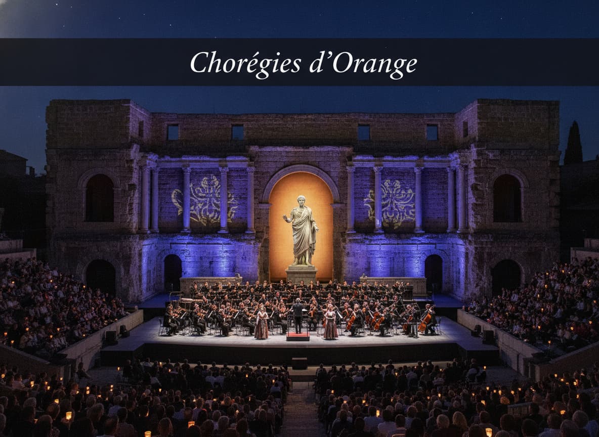 Amphithéâtre romain d'Orange illuminé la nuit, avec une foule assistant à une représentation d'opéra et une statue d'Auguste en arrière-plan, texte 'Chorégies d'Orange' superposé.