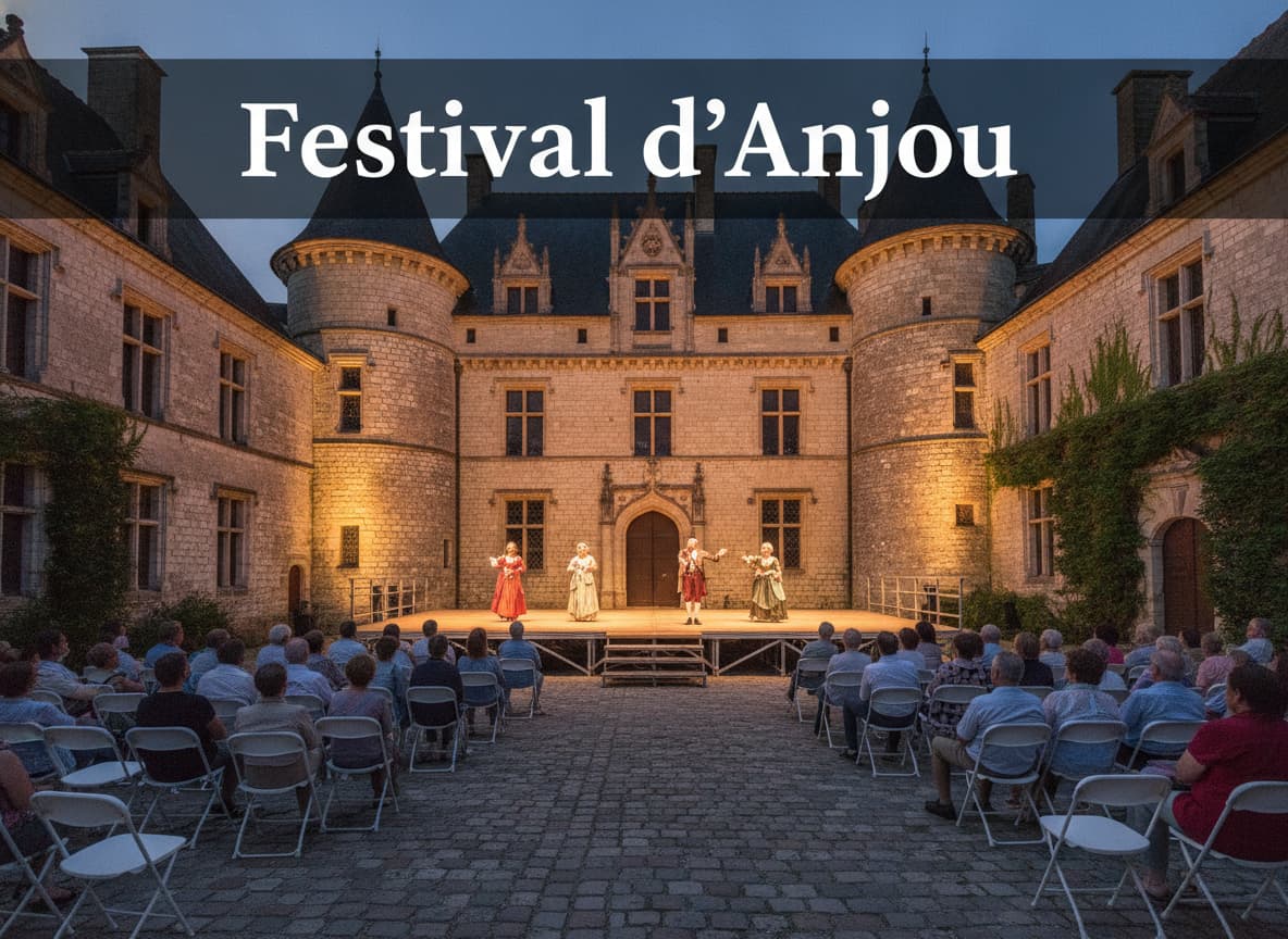 Une représentation théâtrale en plein air dans la cour d'un château historique illuminé, avec un public assis sous le ciel du soir, et un texte superposé 'Festival d'Anjou'.