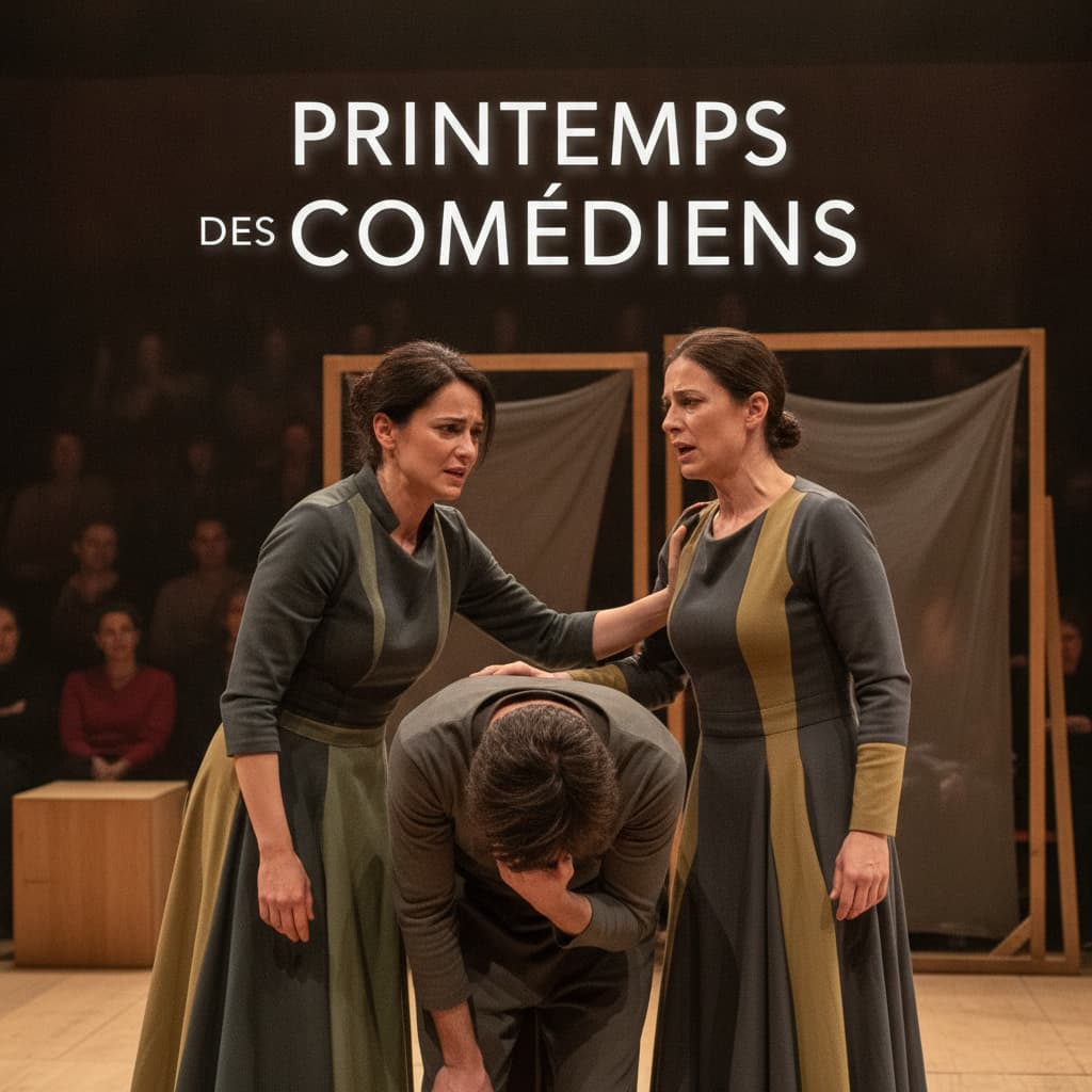 Une scène de théâtre intimiste à Montpellier avec des acteurs en tenue moderne sur une scène minimaliste, et un texte superposé 'Printemps des Comédiens' avec ombre portée.