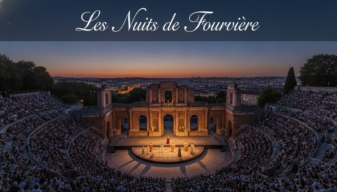 Vue large du théâtre romain de Lyon au crépuscule, un public nombreux regarde une performance théâtrale sur scène, les lumières créent une lueur magique contre les arches en pierre, avec un texte superposé 'Les Nuits de Fourvière'.