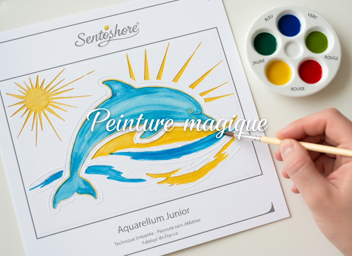 Vue de dessus d'une carte Aquarellum en cours de peinture, des couleurs bleues et jaunes vives apparaissent dans les contours blancs en relief d'un animal, une petite palette d'encres liquides est visible à côté, avec le texte 'Peinture magique' superposé.
