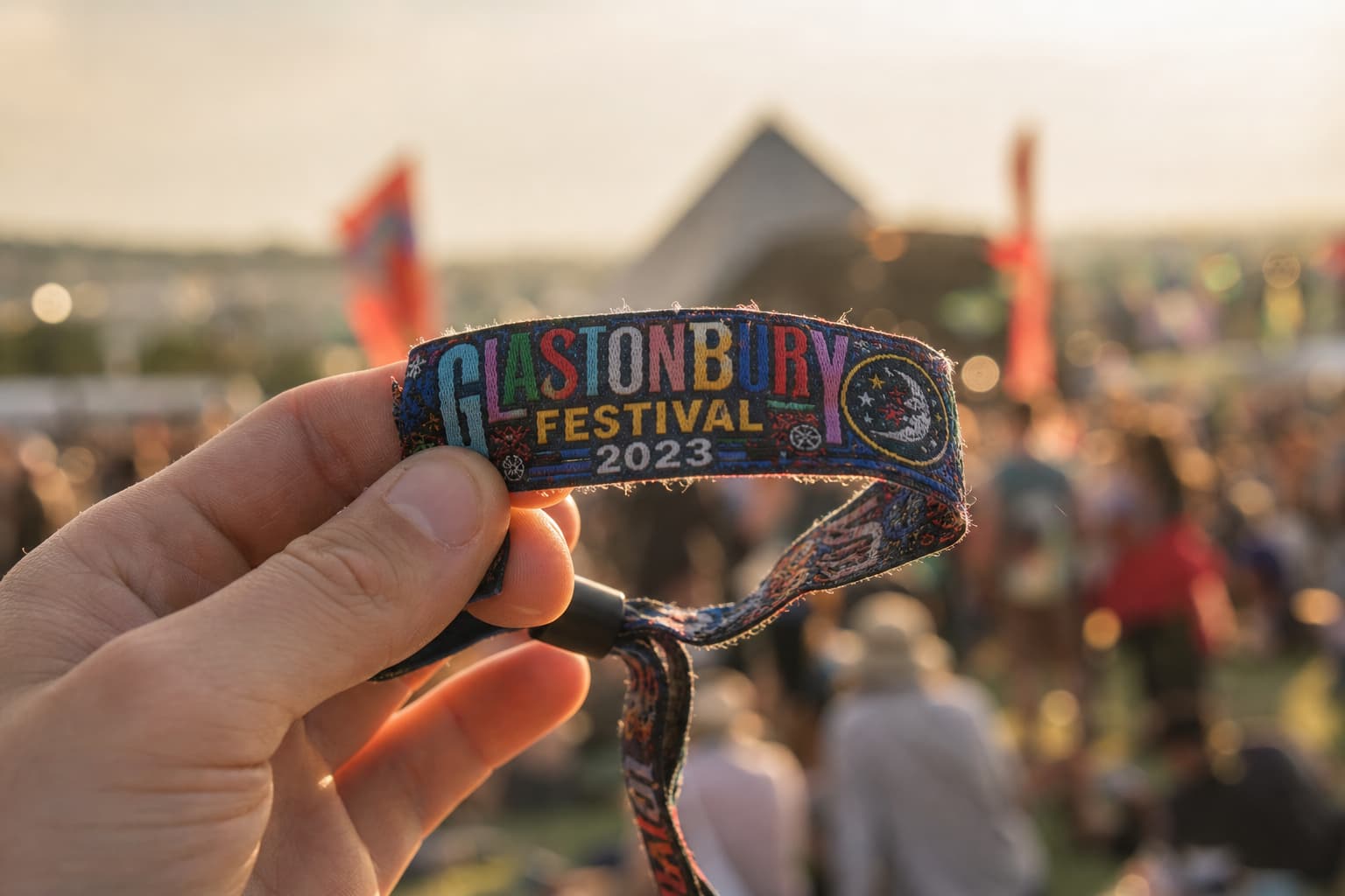 Gros plan sur une main tenant un bracelet de festival coloré, arrière-plan flou montrant une foule et des tentes de festival sous un éclairage doré.