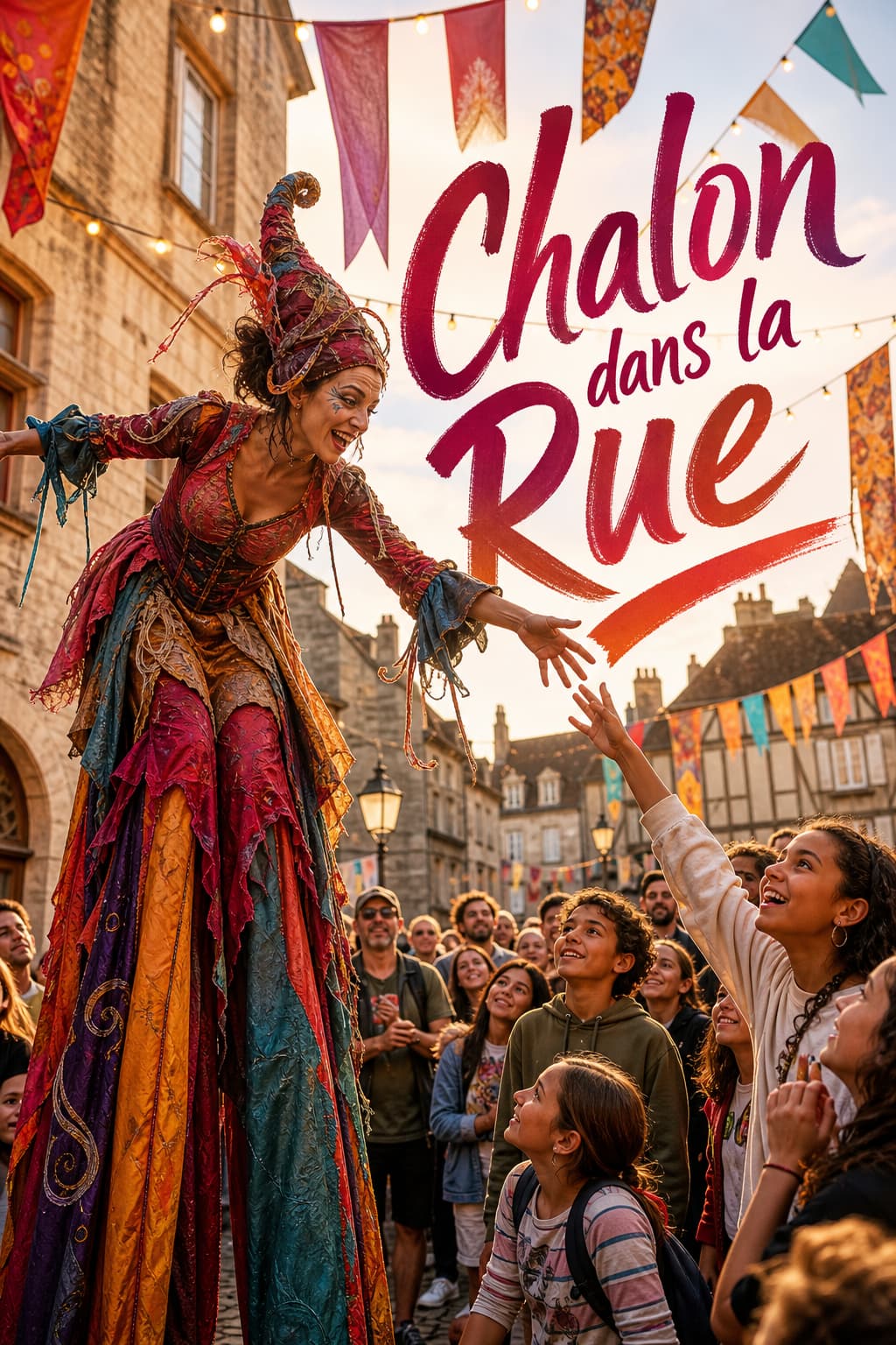 Un acrobate sur échasses en costume fantaisiste interagit avec une foule d
