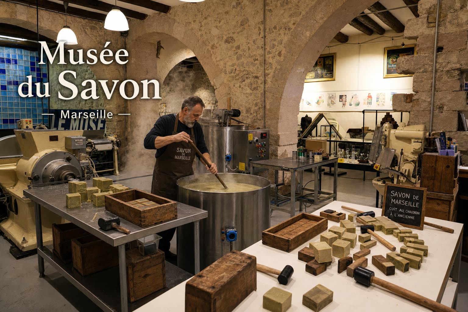 Artisan fabriquant du savon de Marseille traditionnel dans une savonnerie historique transformée en musée, avec un grand chaudron