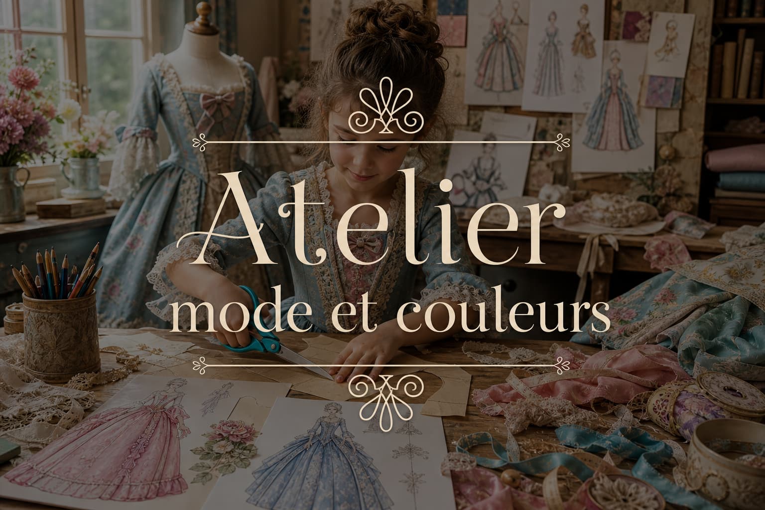 Enfant découpant des patrons sur une table avec tissus colorés et croquis de mode d