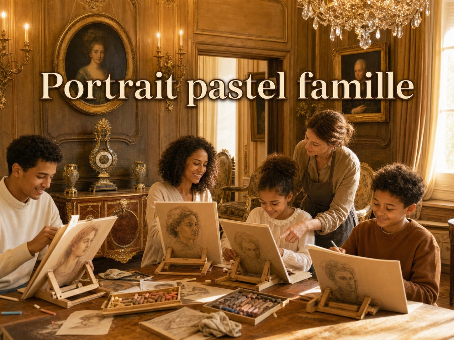 Une famille et un instructeur dessinent au pastel dans une galerie lumineuse avec des tableaux classiques, le texte