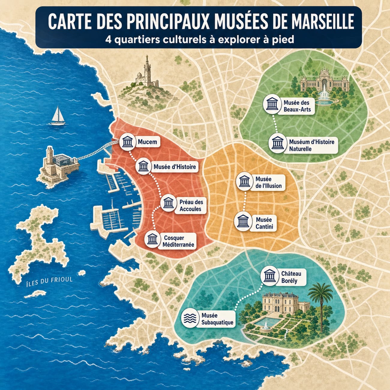 Carte stylisée des principaux musées de Marseille répartis en 4 quartiers culturels à explorer à pied