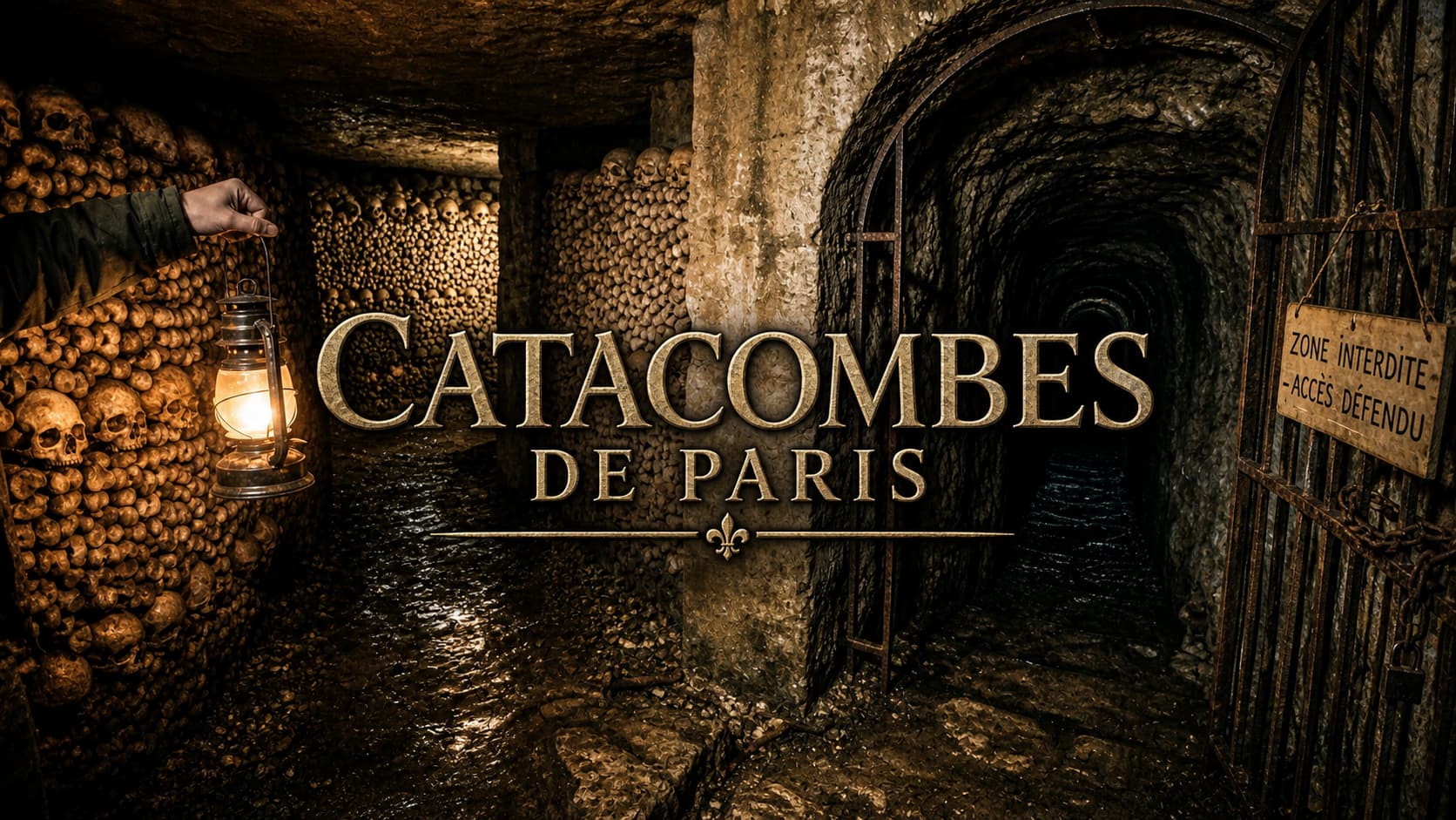 Vue étrange des Catacombes de Paris avec des crânes et os empilés, éclairés par une lanterne, perspective menant profondément dans l