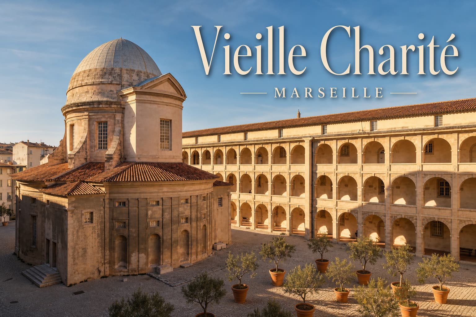 Façade du Centre de la Vieille Charité encadrant la cour centrale, avec arcades en pierre et chapelle baroque, baignée de lumière dorée