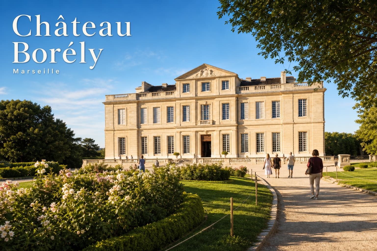 Façade extérieure du Château Borély avec ses détails en pierre du XVIIIe siècle, entourée de verdure