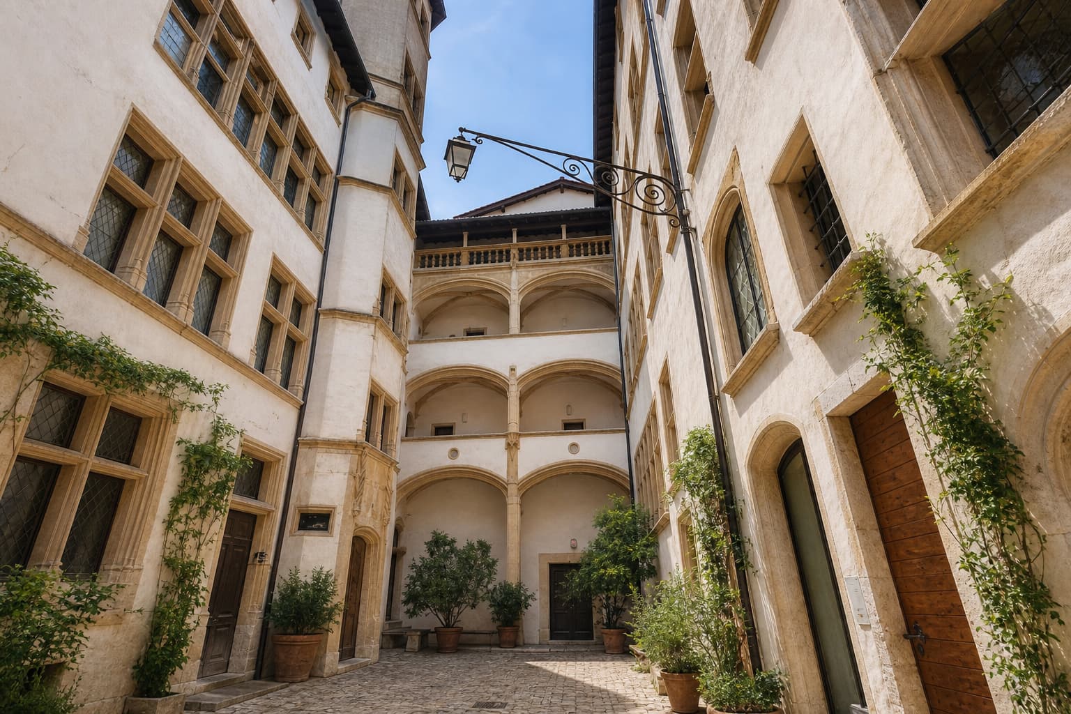 Cour Renaissance du musée Gadagne avec des arcades élégantes, un sol pavé de pierres et des plantes grimpantes, baignée de lumière.
