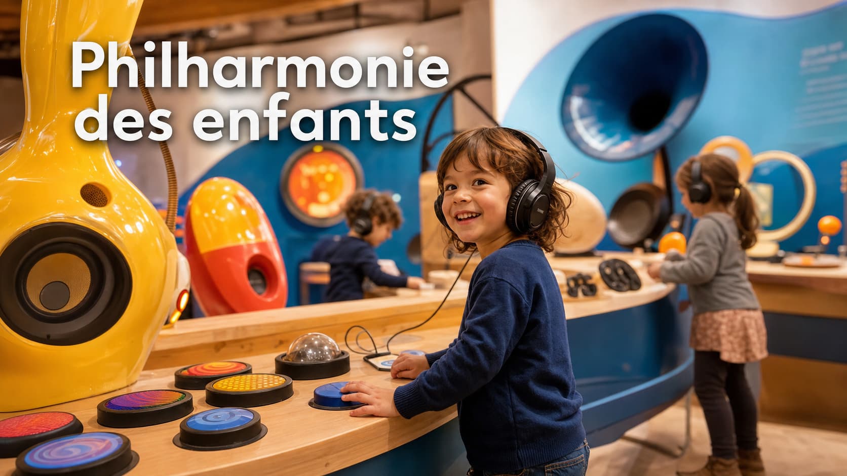 Un jeune enfant avec un casque sourit en expérimentant une installation sonore interactive colorée, entouré de modules acoustiques et d