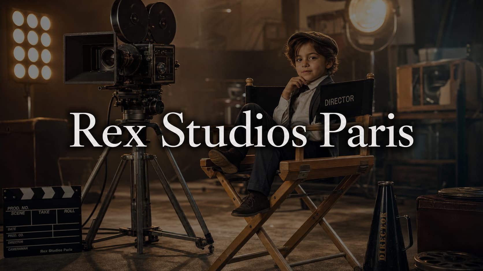 Enfant assis dans un fauteuil de réalisateur sur un plateau de cinéma, caméra et accessoires visibles, éclairage chaleureux et texte