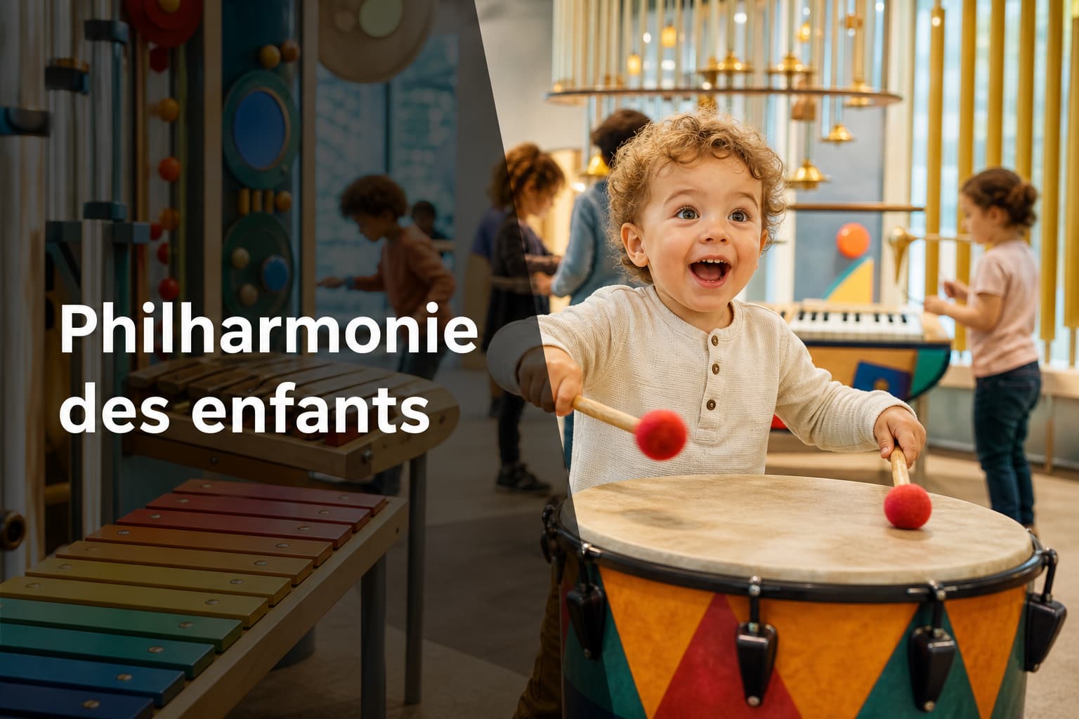 Jeune enfant aux yeux écarquillés frappant un grand tambour dans une exposition musicale colorée, entouré d’instruments, avec texte superposé « Philharmonie des enfants ».