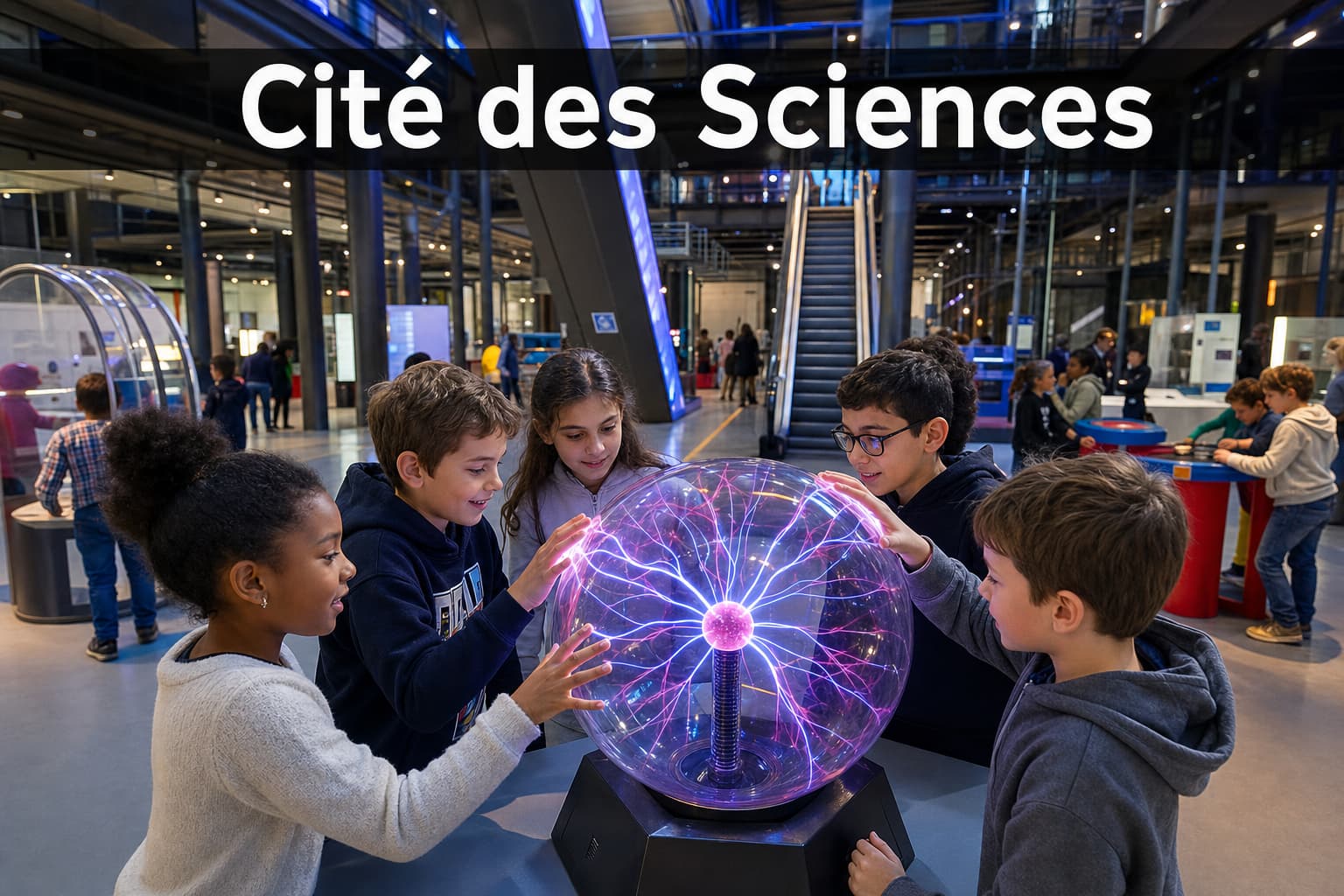 Des enfants touchent une large boule plasma lumineuse produisant des décharges électriques colorées, à l