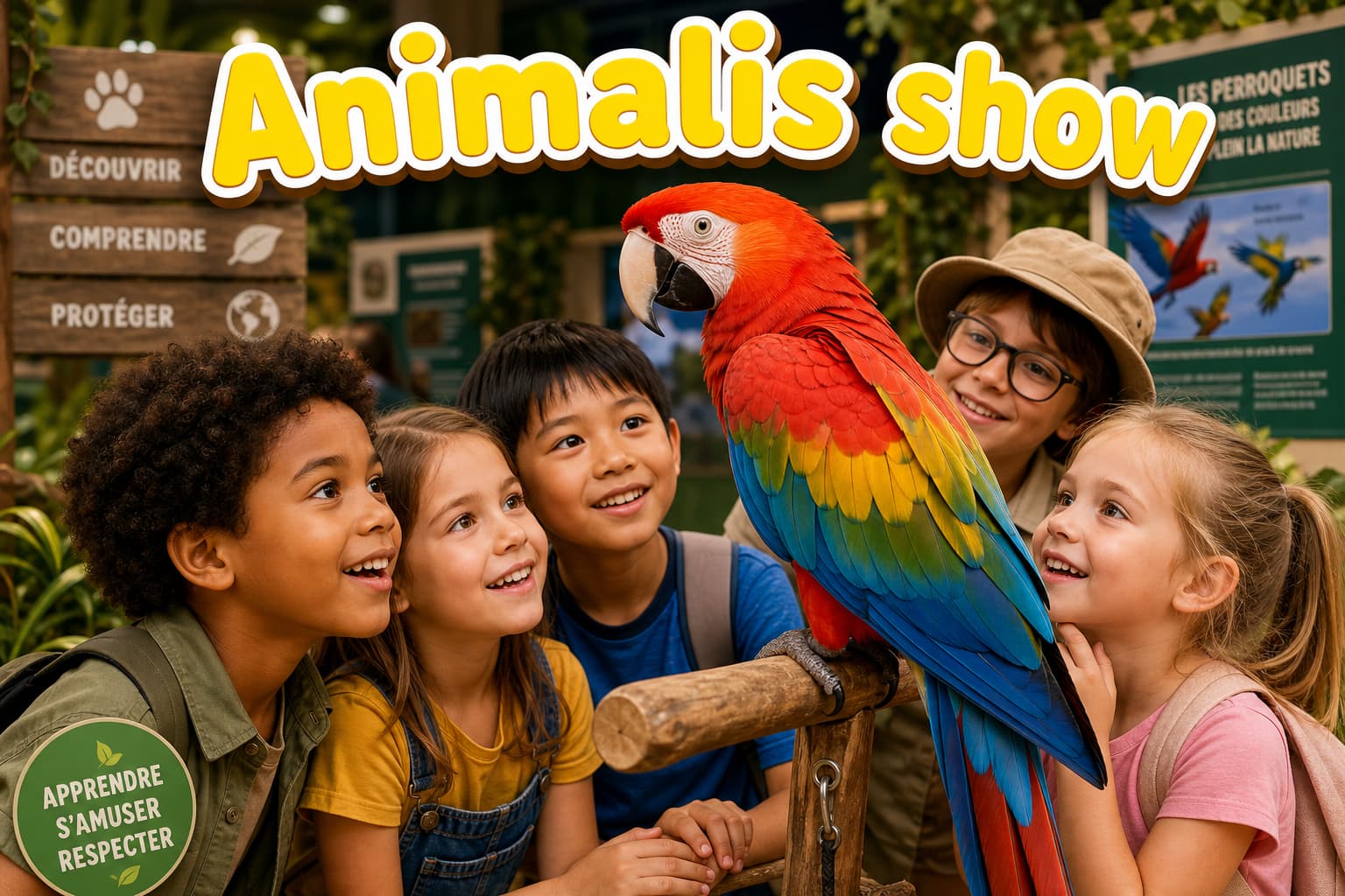 Enfants observant un perroquet coloré de près dans une exposition éducative lumineuse et joyeuse, avec le texte superposé