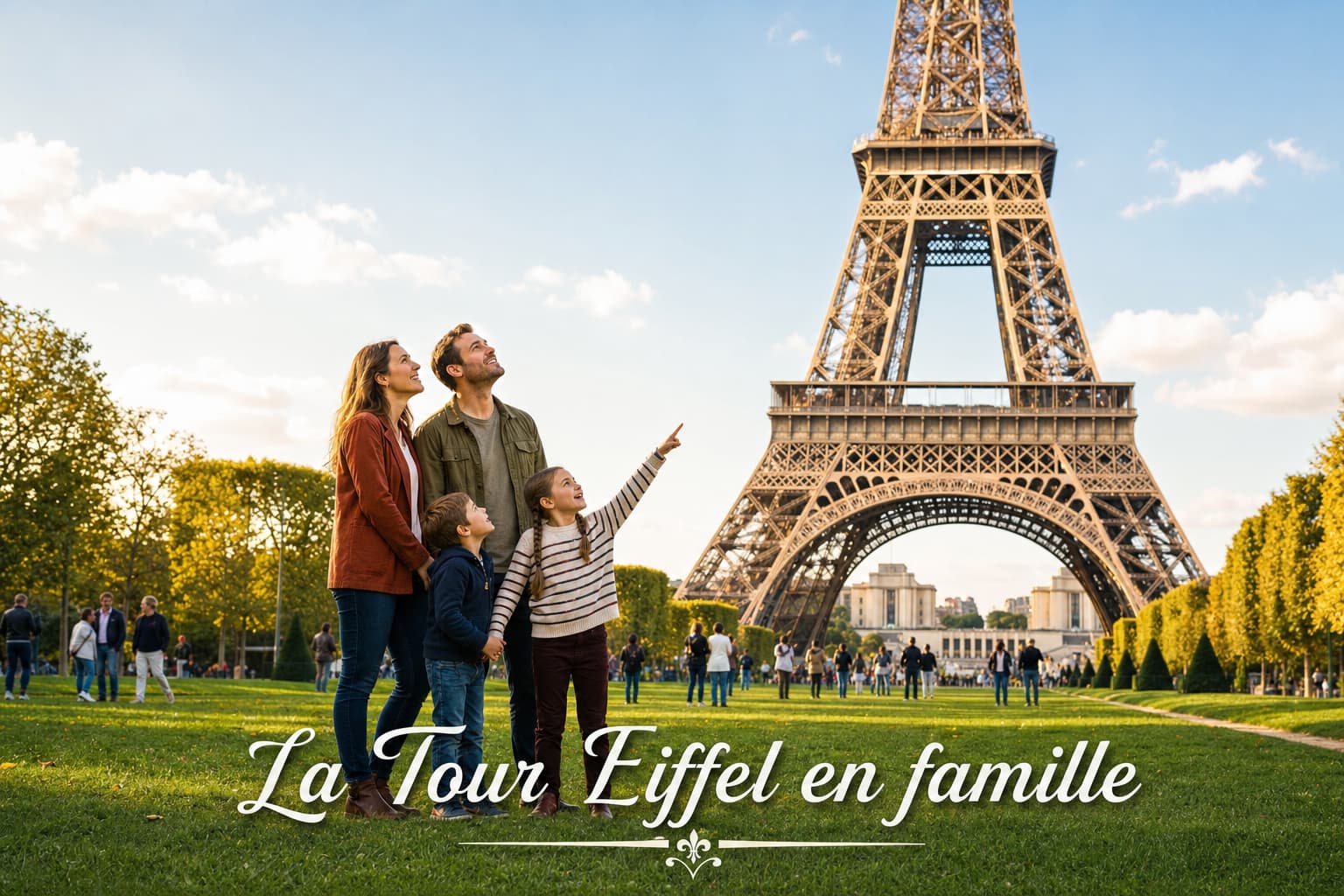 Une famille avec deux jeunes enfants regardant avec émerveillement la tour Eiffel depuis le Champ de Mars sous un ciel bleu ensoleillé.