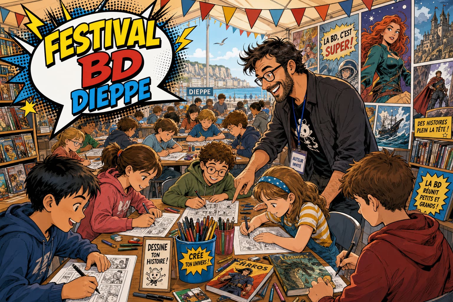 Dans une tente animée, des enfants assis à de longues tables dessinent leurs propres bandes dessinées avec l