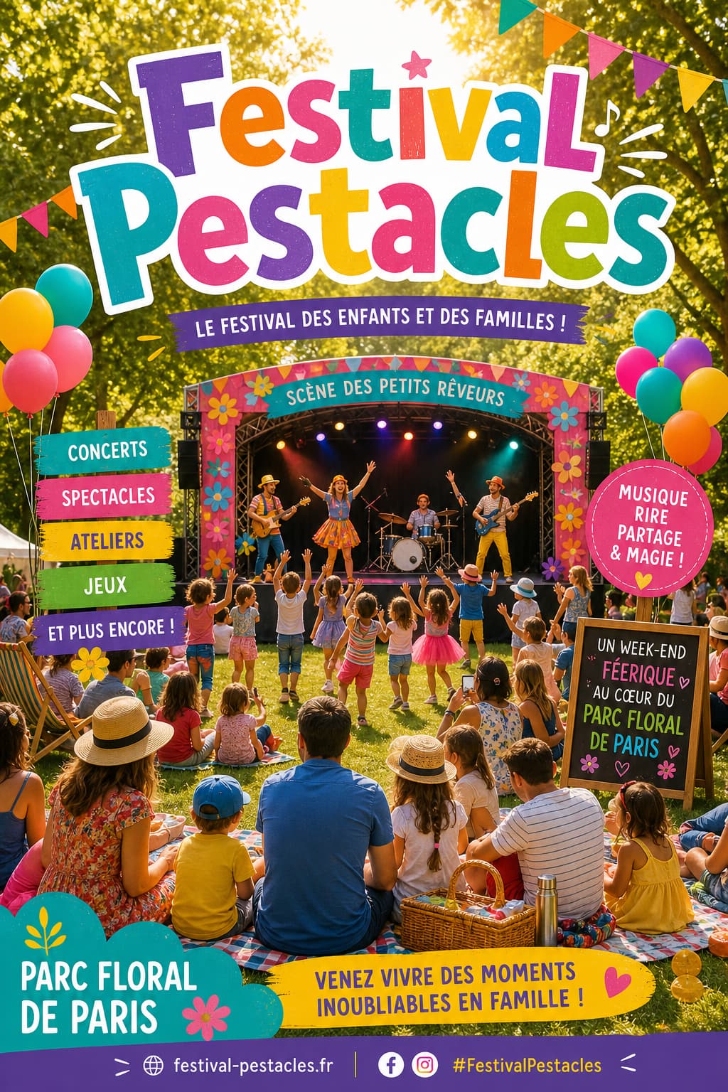 Scène de festival pour enfants au Parc Floral de Paris, avec familles pique-niquant sur l