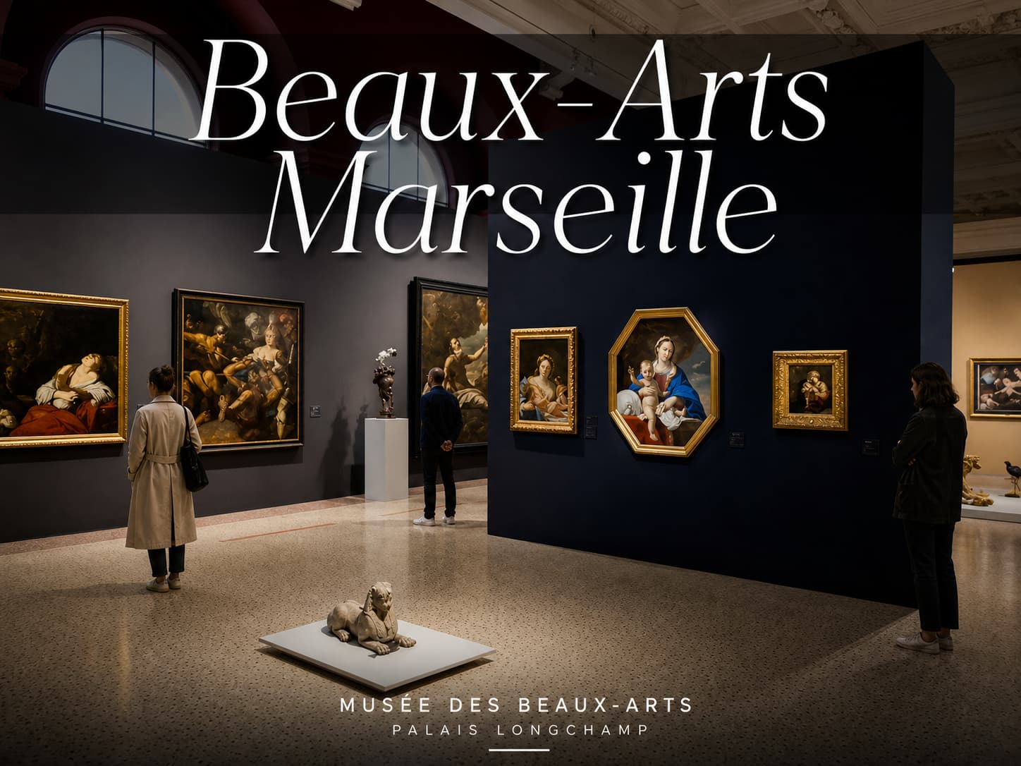 Galerie du Musée des Beaux-Arts de Marseille avec tableaux classiques, sculptures, plafonds ornés, lumière naturelle par de hautes fenêtres