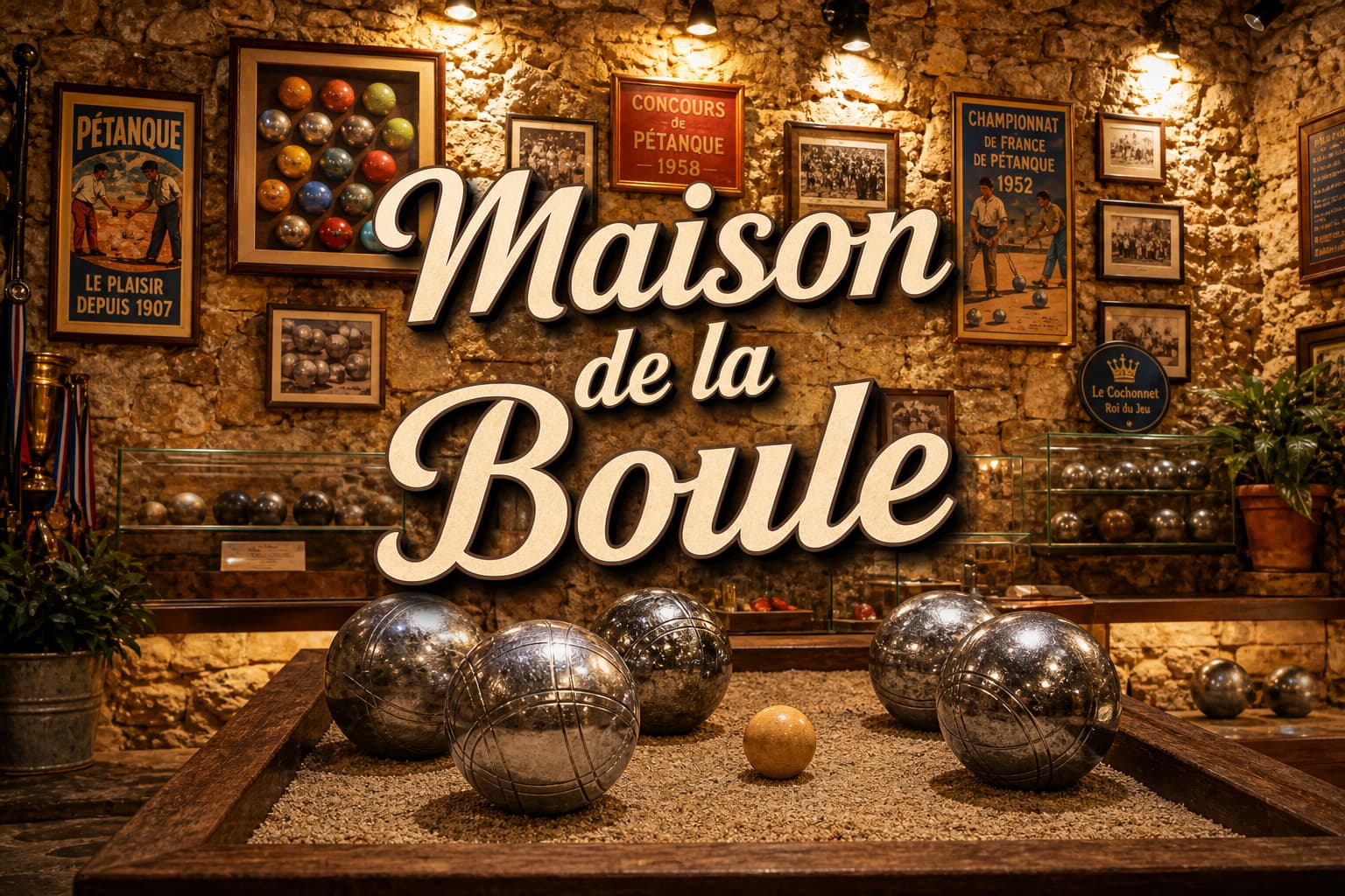 Intérieur du musée de la pétanque, avec des boules colorées, des affiches anciennes et un cochonnet en focus sous un éclairage festif