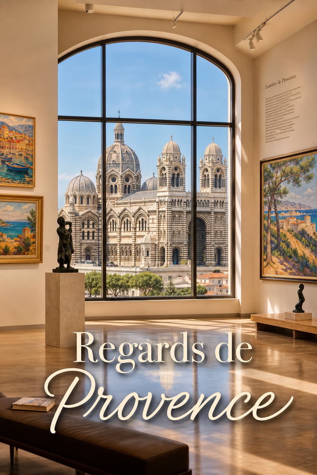Intérieur du Musée Regards de Provence avec une grande fenêtre offrant une vue sur la Cathédrale La Major, des peintures provençales lumineuses aux murs