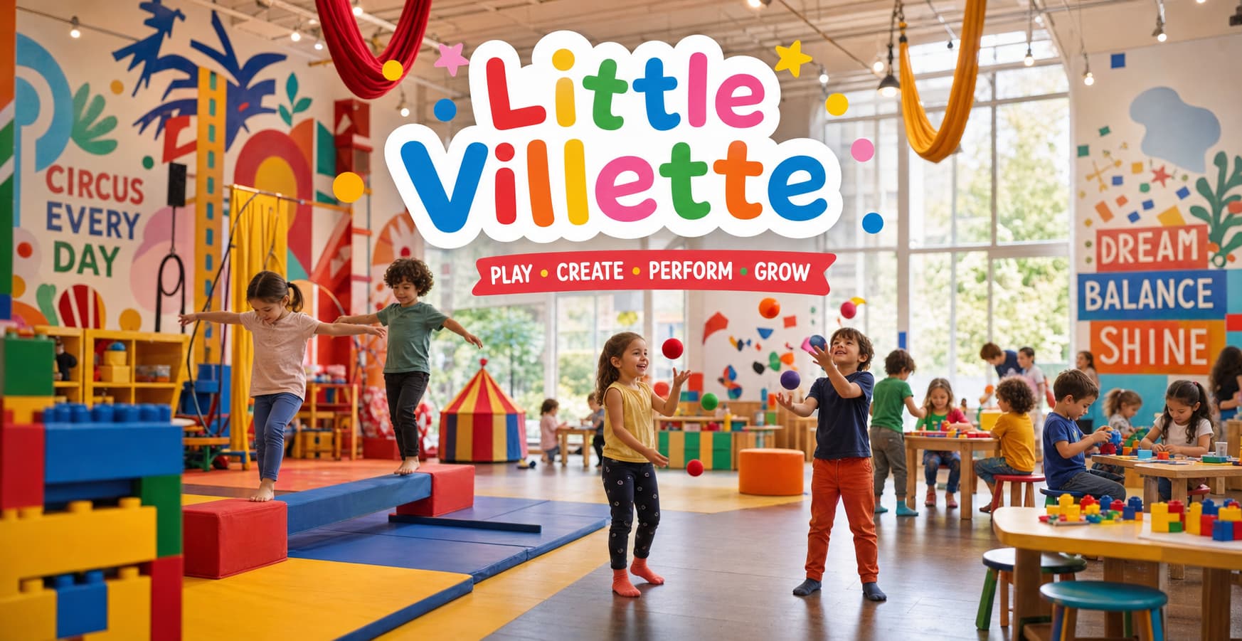Dans un espace intérieur coloré aux fresques murales et tissus suspendus, des enfants s