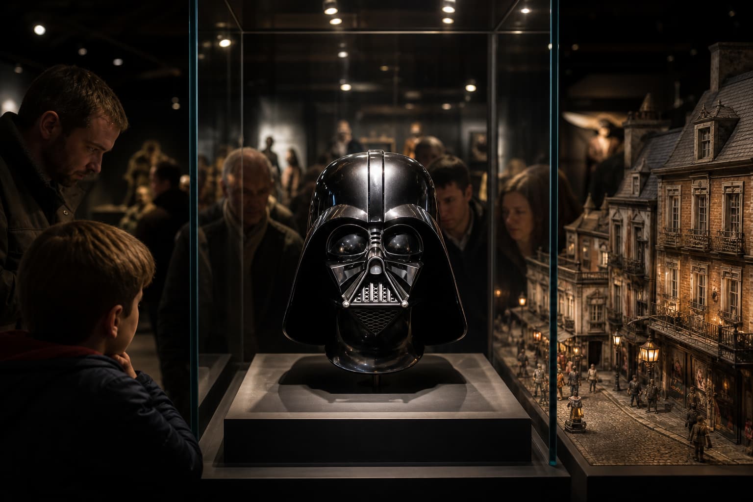 Masque de Darth Vader et diorama de rue miniature exposés au Musée Cinéma et Miniature sous un éclairage dramatique, avec des visiteurs qui regardent avec émerveillement.
