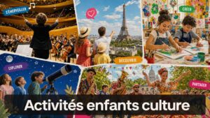 Collage coloré montrant diverses activités culturelles pour enfants : un enfant dirigeant un orchestre à la Philharmonie, une famille devant la Tour Eiffel, des enfants peignant dans un atelier, une observation des étoiles et une performance festivalière, avec le texte 'Activités enfants culture' sur une bande sombre semi-transparente en bas.