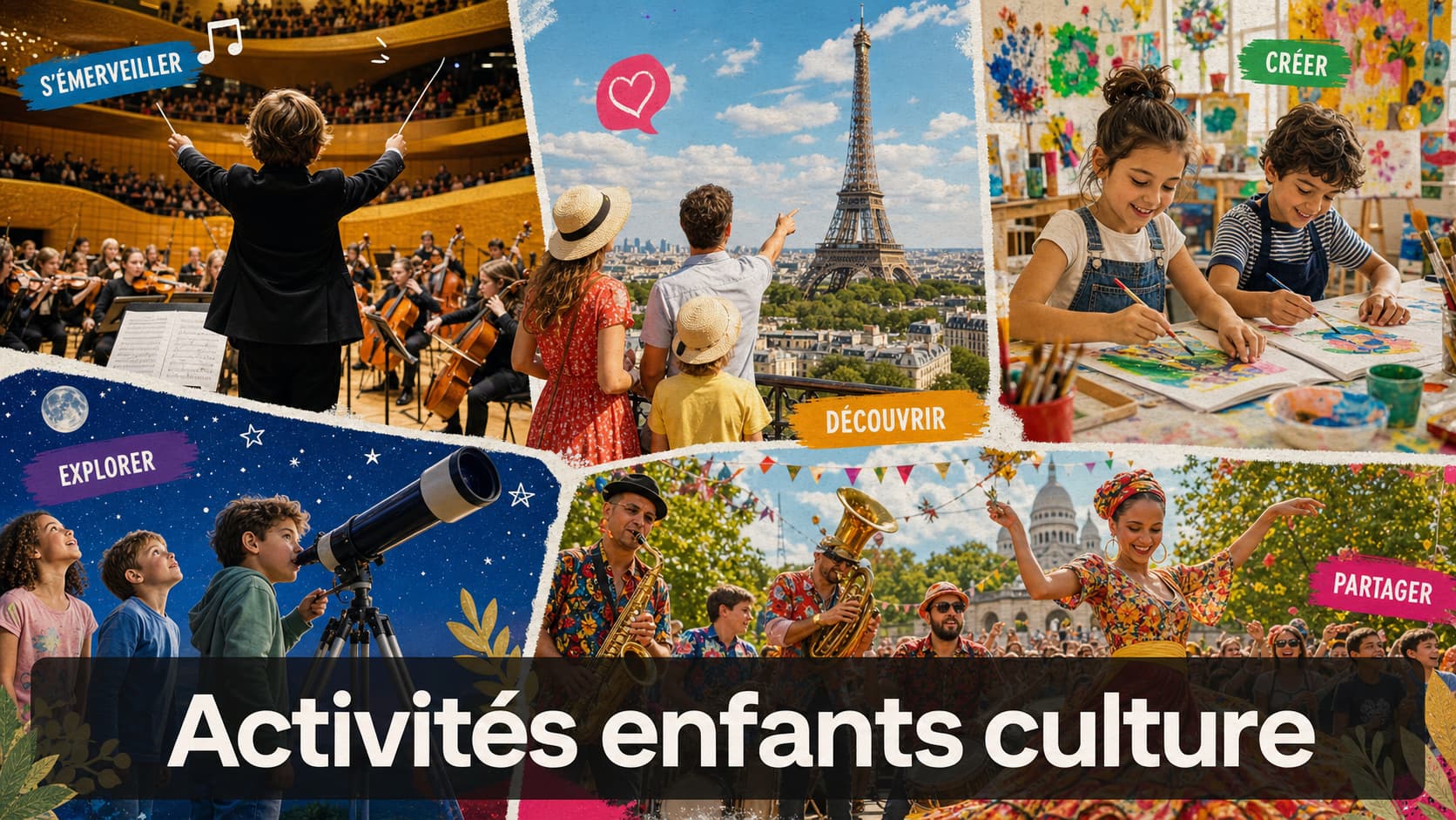 Collage coloré montrant diverses activités culturelles pour enfants : un enfant dirigeant un orchestre à la Philharmonie, une famille devant la Tour Eiffel, des enfants peignant dans un atelier, une observation des étoiles et une performance festivalière, avec le texte