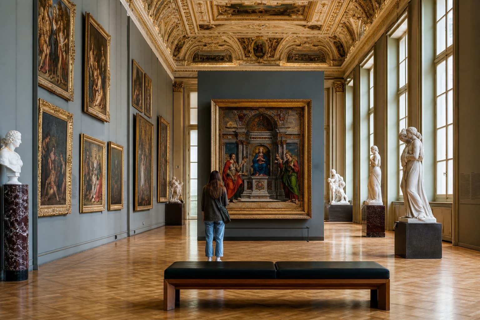 Un visiteur contemple une œuvre de la Renaissance dans une galerie calme du musée des Beaux-Arts de Lyon, entouré de peintures classiques, de sculptures en marbre et d