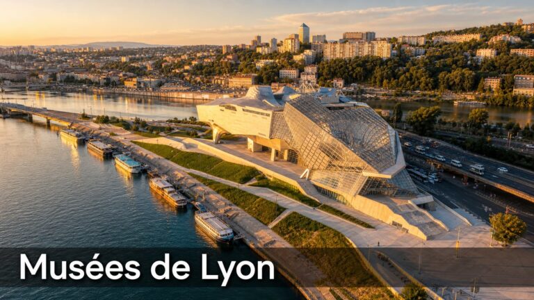 Vue grand angle du Musée des Confluences à Lyon à l'heure dorée, son architecture futuriste se reflétant dans l'eau, avec le texte 'Musées de Lyon' superposé en bas.
