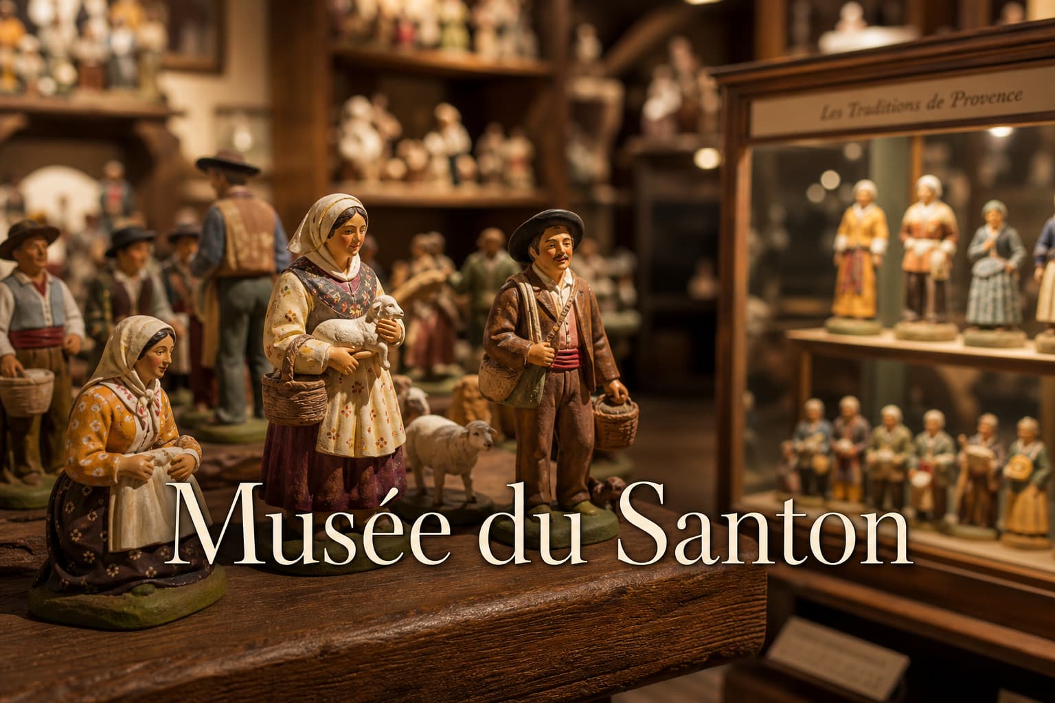 Santons provençaux finement peints exposés sur des étagères en bois rustique dans un musée chaleureux