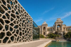 Bâtiment du MuCEM avec sa façade en résille et la colonnade du Palais Longchamp sous un ciel bleu méditerranéen, couleurs vives et composition grand angle.