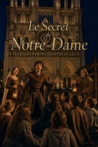 Acteurs en costumes d'époque jouant une scène de théâtre devant la cathédrale Notre-Dame, avec un public d'enfants émerveillés, et le texte 'Le Secret de Notre-Dame' incrusté.