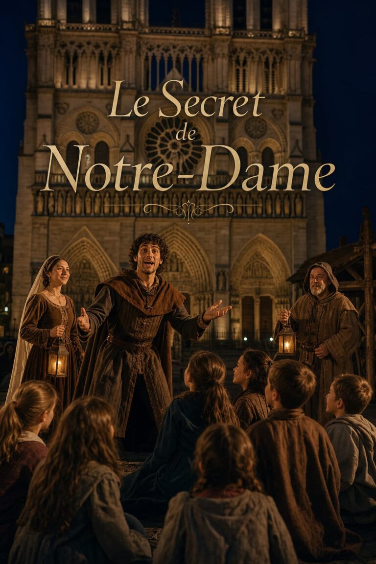 Acteurs en costumes d'époque jouant une scène de théâtre devant la cathédrale Notre-Dame, avec un public d'enfants émerveillés, et le texte 'Le Secret de Notre-Dame' incrusté.