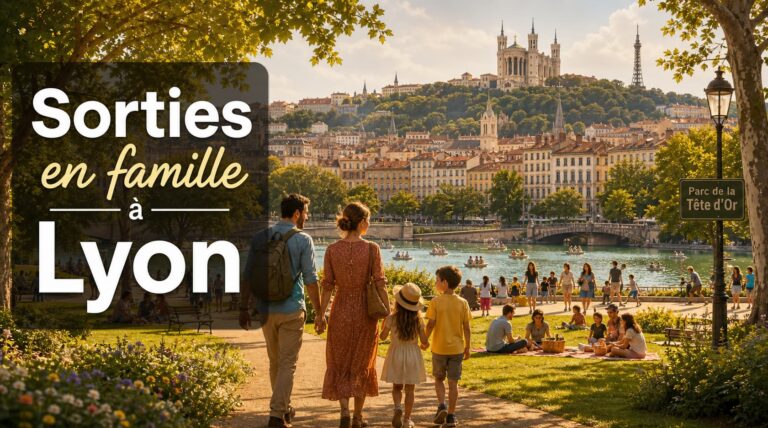 Famille diverse avec enfants marchant dans un parc ensoleillé à Lyon, basilique de Fourvière à l'horizon, scènes de pique-nique et de bateau sur un lac, enfants jouant, et texte superposé 'Sorties en famille à Lyon'.