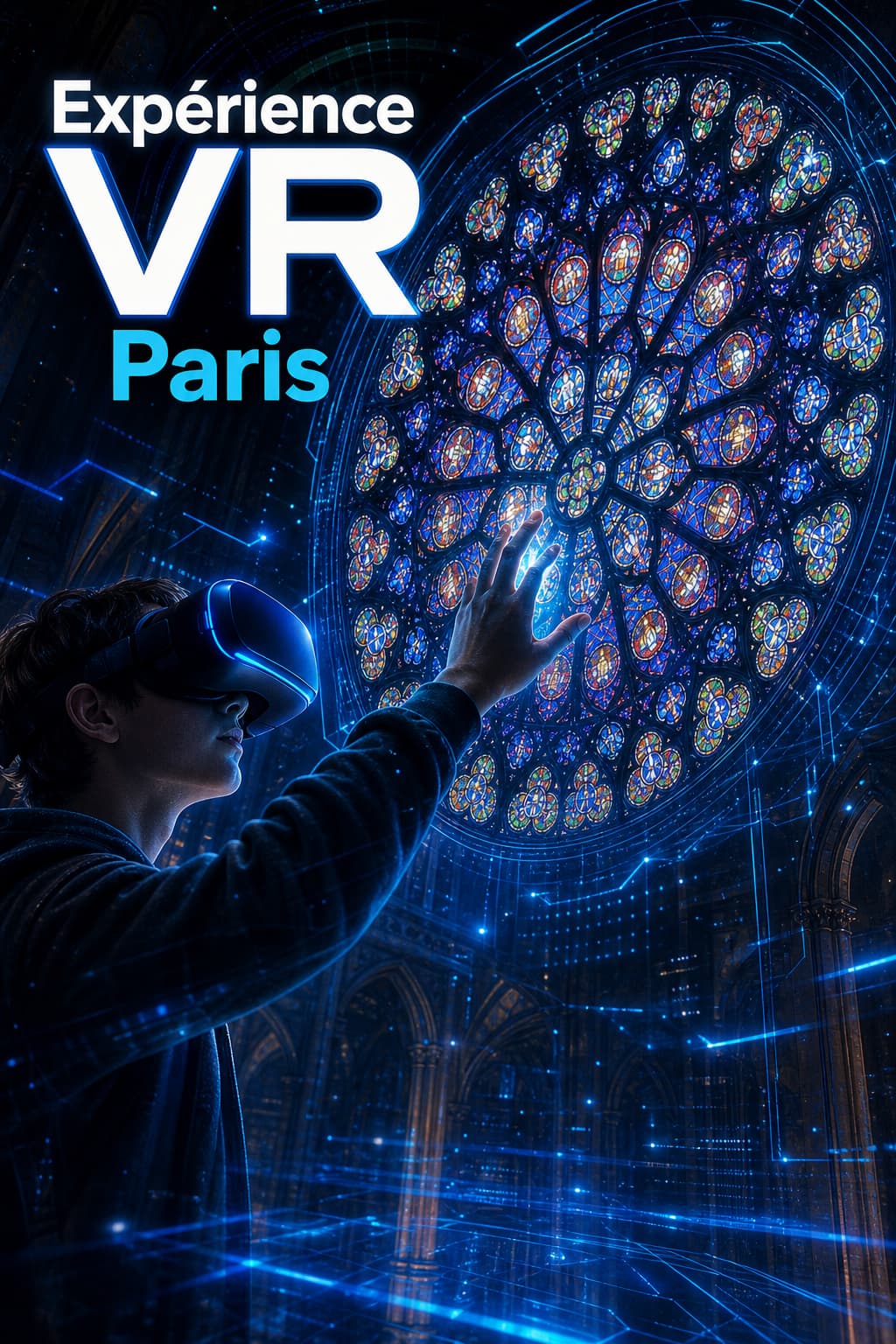 Un adolescent portant un casque de réalité virtuelle tend la main vers une rosace virtuelle de Notre-Dame, dans un environnement technologique avec des lignes bleues lumineuses et le texte